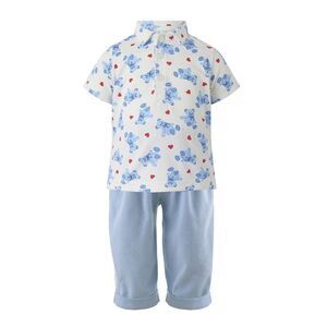 Rachel Riley Girls  Bear Hearts Polo Shirt & Pull-On Trouser Set, White